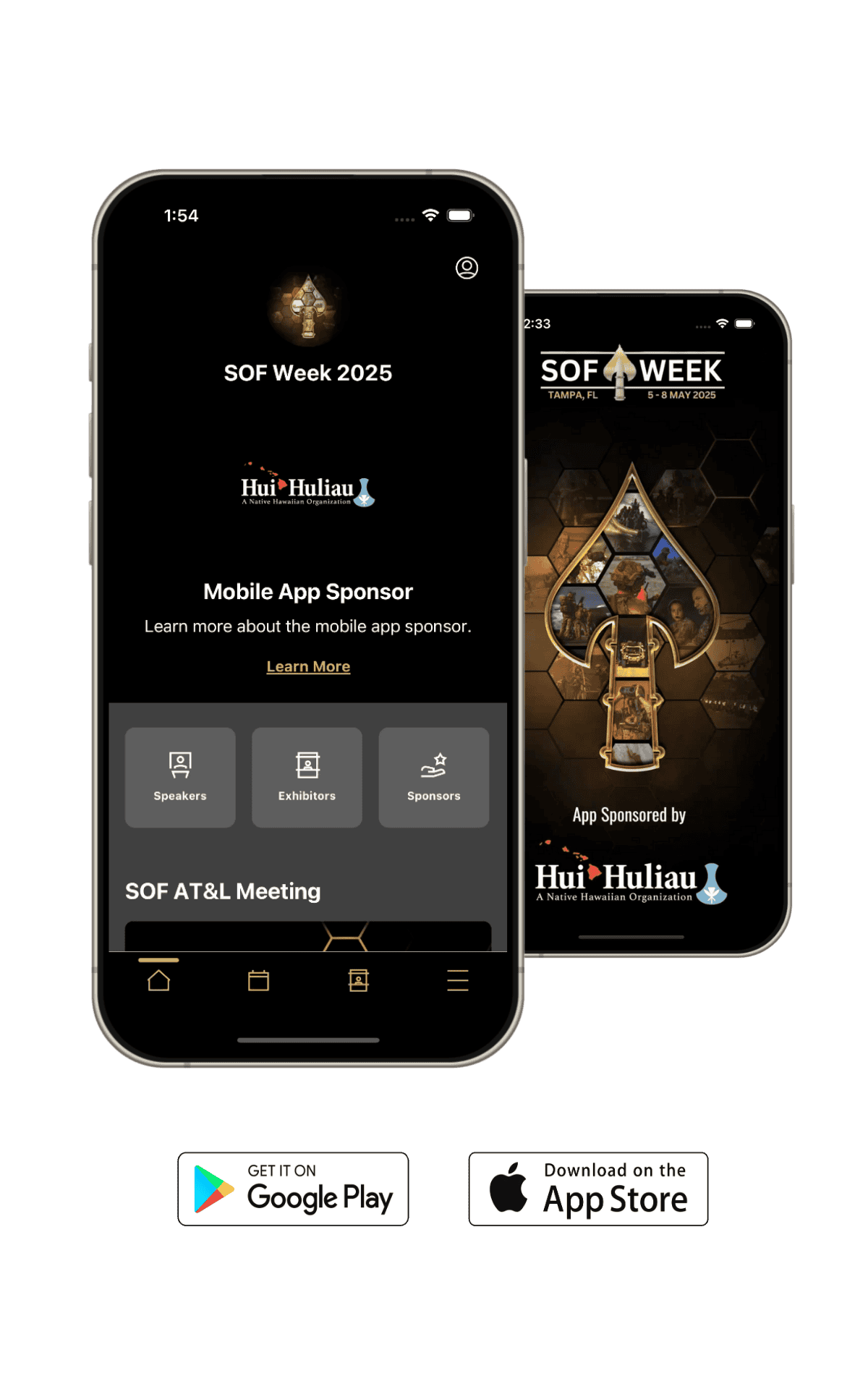 SOF Week 2025 mobile app interface showcasing event details, sponsors, and schedule for the Native Hawaiian organization event in Tampa, Florida, held from May 5-8, 2025, emphasizing digital event engagement.